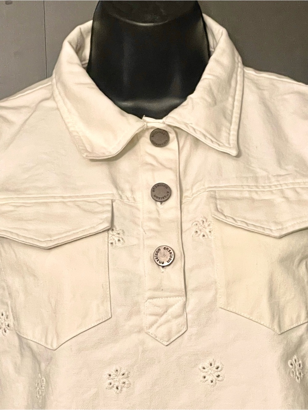 En Saison ~ Designer White Eyelet Polo Denim Button Down Mini Dress - S - Picture 8 of 14